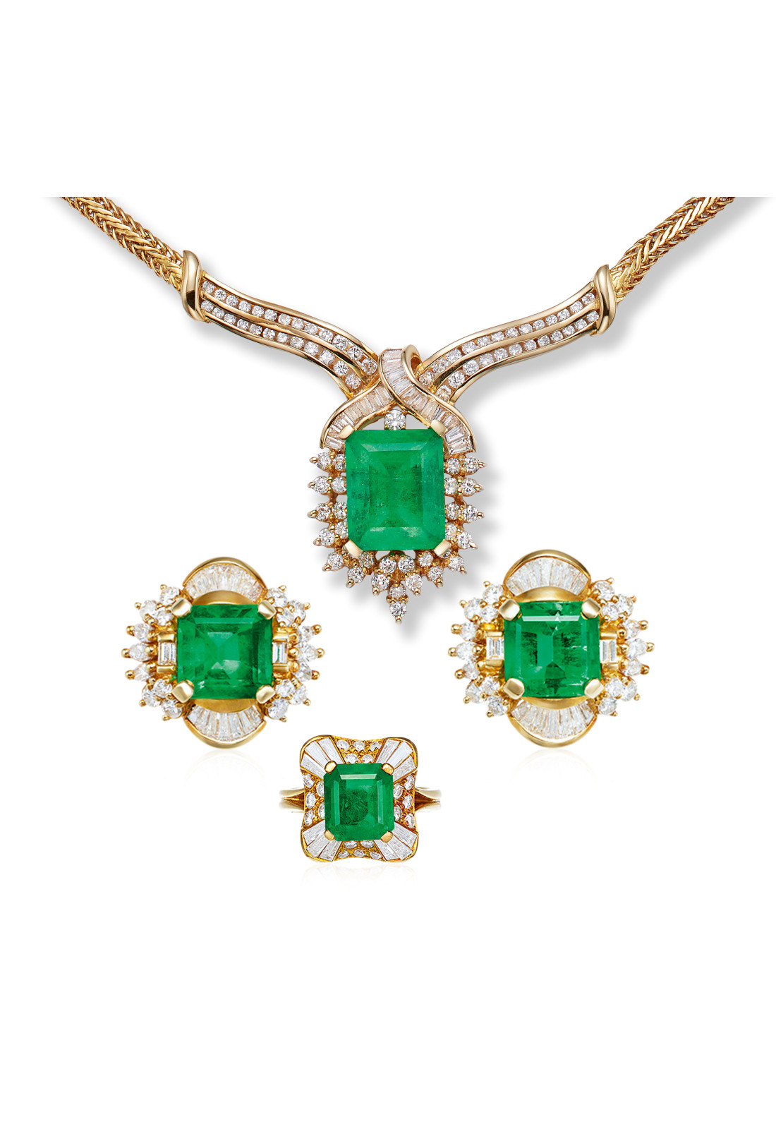 19 Carats Emerald and Diamond Jewelry Suite